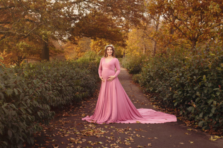 Mum to be in a pink gown for her maternity shoot in Medway Kent.